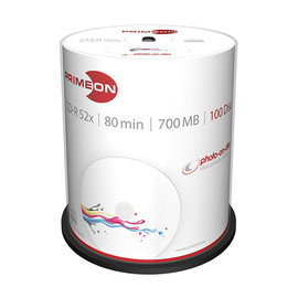 CD Rohling CD-R bedruckbar White Fullsize Surface 52er Speed 700MB/80Min. photo-on-disc Cakebox Primeon 2761106 (PACK=100 STÜCK) Produktbild