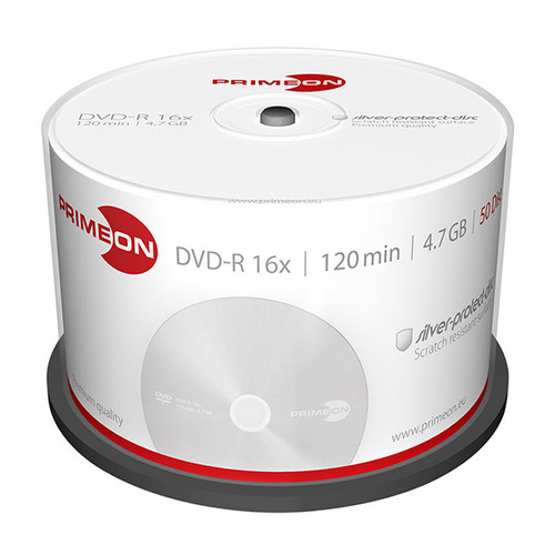 DVD-R Silver Protection Surface 16fach Cakebox 4,7GB/120Min. Primeon 2761204 (PACK=50 STÜCK) Produktbild Front View L