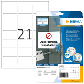 Etiketten Inkjet+Laser+Kopier 63,5x38,1mm auf A4 Bögen Movables weiß wiederablösbar Herma 5074 (PACK=525 STÜCK) Produktbild