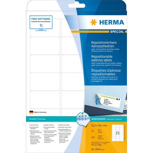Etiketten SPECIAL Inkjet+Laser+Kopier 63,5x38,1mm auf A4 Bögen Movables weiß wiederablösbar Herma 5074 (PACK=525 STÜCK) Produktbild Additional View 1 L