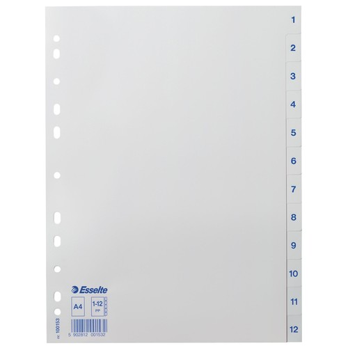 Register A4 225x297mm Zahlen 1-12 weiß Plastik Esselte 100153 Produktbild Front View L