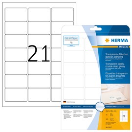 Folien-Etiketten Laser+Kopier 63,5x38,1mm auf A4 Bögen permanent glasklar transparent Herma 8017 (PACK=525 STÜCK) Produktbild