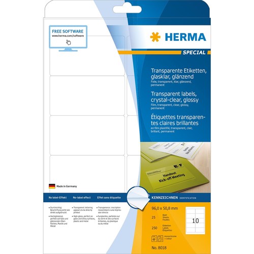 Folien-Etiketten Laser+Kopier 96x50,8mm auf A4 Bögen permanent glasklar transparent Herma 8018 (PACK=250 STÜCK) Produktbild Additional View 1 L