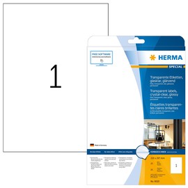 Folien-Etiketten Laser+Kopier 210x297mm auf A4 Bögen permanent glasklar transparent Herma 8020 (PACK=25 STÜCK) Produktbild