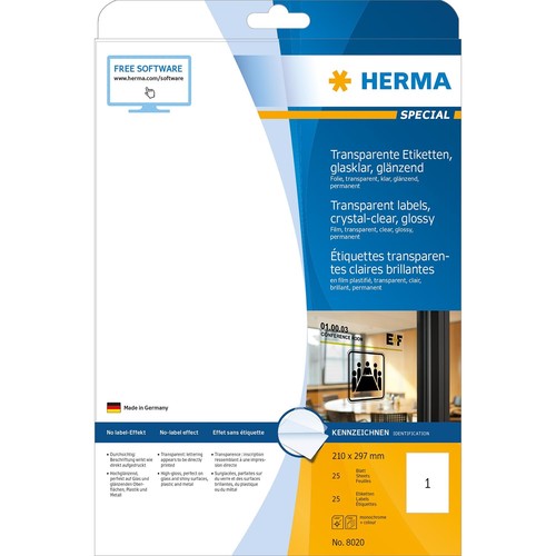 Folien-Etiketten Laser+Kopier 210x297mm auf A4 Bögen permanent glasklar transparent Herma 8020 (PACK=25 STÜCK) Produktbild Additional View 1 L