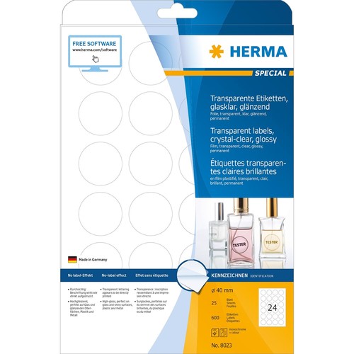 Folien-Etiketten Laser+Kopier 40mm Ø auf A4 Bögen permanent glasklar transparent Herma 8023 (PACK=25 STÜCK) Produktbild Additional View 1 L