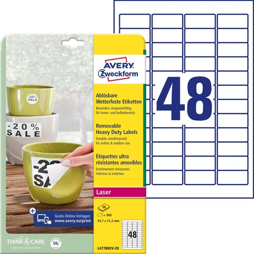 Folien-Etiketten Laser 45,7x21,2mm auf A4 Bg wetterfest+strapazierfähig+wieder- ablösbar matt weiß Zweckform L4778REV-20 (PACK=960 STÜCK) Produktbild