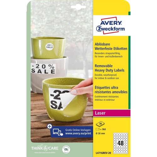 Folien-Etiketten Laser ø30mm auf A4 Bögen wetterfest+strapazierfähig+wieder- ablösbar matt weiß Zweckform L4716REV-20 (PACK=960 STÜCK) Produktbild Additional View 1 L