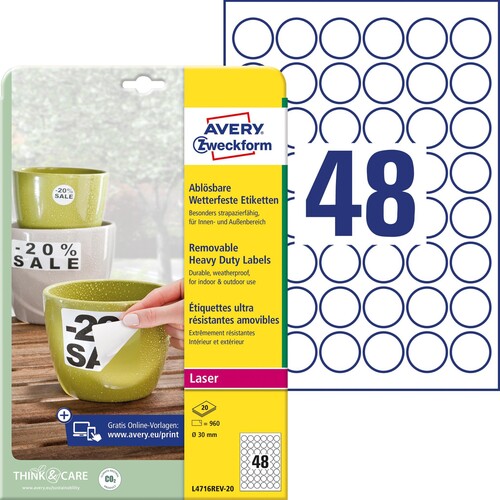 Folien-Etiketten Laser ø30mm auf A4 Bögen wetterfest+strapazierfähig+wieder- ablösbar matt weiß Zweckform L4716REV-20 (PACK=960 STÜCK) Produktbild