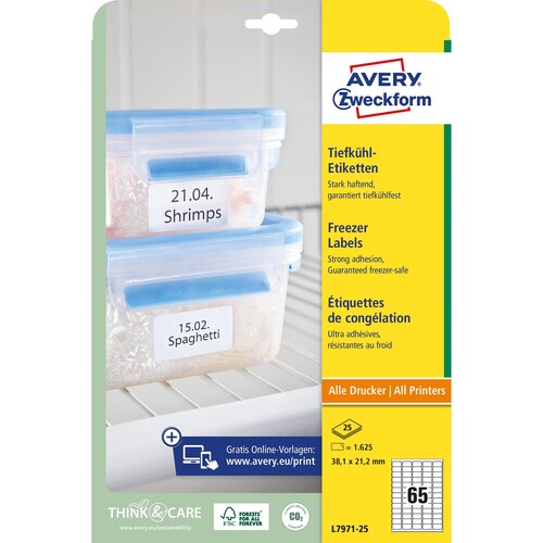 Tiefkühl-Etiketten Laser 38,1x21,2mm auf A4 Bögen weiß Zweckform L7971-25 (PACK=1625 STÜCK) Produktbild Additional View 1 L