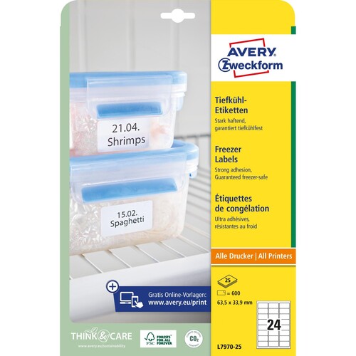 Tiefkühl-Etiketten Laser 63,5x33,9mm auf A4 Bögen weiß Zweckform L7970-25 (PACK=600 STÜCK) Produktbild Additional View 1 L