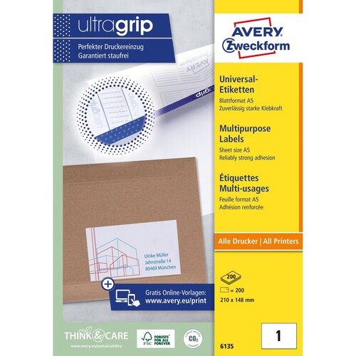 Etiketten Inkjet+Laser+Kopier 210x148mm auf A5 Bögen weiß Zweckform 6135 (PACK=200 STÜCK) Produktbild Additional View 1 L