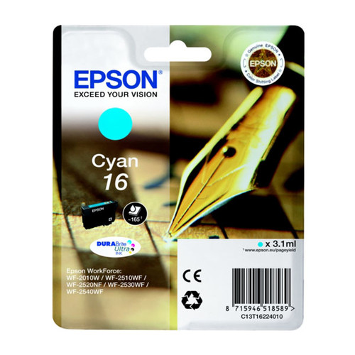 Tintenpatrone 16 für Epson Workforce WF 2010 W 3,1ml cyan Epson T162240 Produktbild Front View L