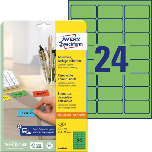 Etiketten Inkjet+Laser+Kopier 63,5x33,9mm auf A4 Bögen grün wiederablösbar Zweckform L6033-20 (PACK=480 STÜCK) Produktbild Additional View 1 L