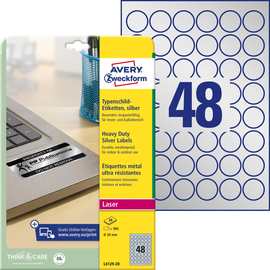 Typenschild-Etiketten Laser+Kopier ø 30mm auf A4 Bögen silber Polyester Zweckform L6129-20 (PACK=800 STÜCK) Produktbild