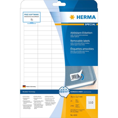 Etiketten Inkjet+Laser+Kopier 38,1x12,7mm auf A4 Bögen Movables weiß wiederablösbar Herma 4210 (PACK=2750 STÜCK) Produktbild Additional View 1 L