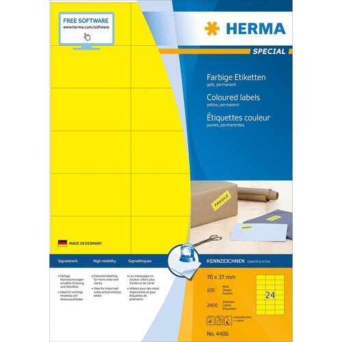 Etiketten Inkjet+Laser+Kopier 70x37mm auf A4 Bögen gelb permanent Herma 4406 (PACK=2400 STÜCK) Produktbild Additional View 1 L
