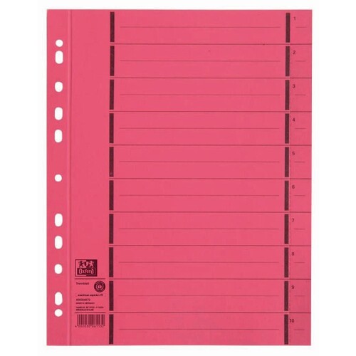Trennblätter Oxford A4 rot 250g vollfarbig Karton 240x300mm mit perforierten Taben 400004670 (PACK=100 STÜCK) Produktbild Front View L