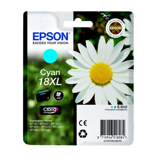 Tintenpatrone 18XL für Epson Expression Home XP-102/202/205 6,6ml cyan Epson T181240 Produktbild Front View L