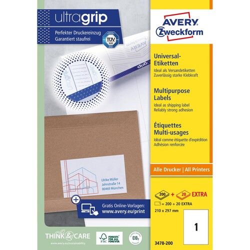 Etiketten Inkjet+Laser+Kopier 210x297mm auf A4 Bögen weiß Zweckform 3478-200 (PACK=220 STÜCK) Produktbild Additional View 1 L