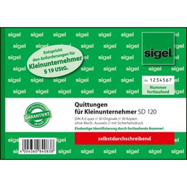 Quittungsblock für Kleinunternehmer A6 quer 2x30Blatt mit fortl. Nummerierung selbstdurchschreibend Sigel SD120 Produktbild