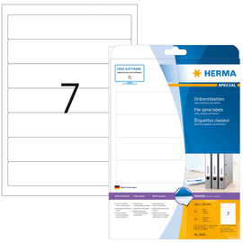 Rückenschilder zum Bedrucken 38x192mm kurz schmal auf A4 Bögen weiß selbstklebend Herma 8620 (PACK=70 STÜCK) Produktbild