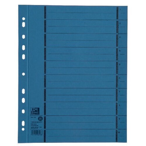 Trennblätter Oxford A4 blau 250g vollfarbig Karton 240x300mm mit perforierten Taben 400004665 (PACK=100 STÜCK) Produktbild Front View L