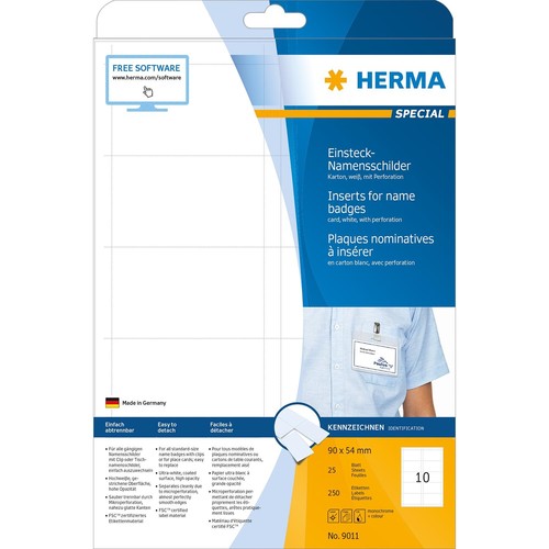 Namens-Einstecksschilder Inkjet+Laser+Kopier 90x54mm auf A4 Bögen weiß Herma 9011 (PACK=250 STÜCK) Produktbild Additional View 1 L