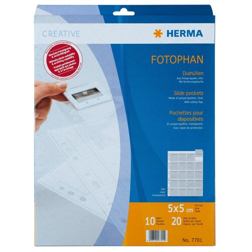 Diahüllen Fotophan für 20 Dias 5x5cm mit Sicherungslasche klar PP 243x301mm Herma 7701 (PACK=10 STÜCK) Produktbild Front View L