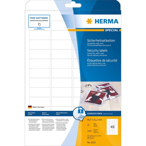 Sicherheits-Etiketten Laser+Kopier 45,7x21,2mm weiß Herma 4232 (PACK=1200 STÜCK) Produktbild Additional View 1 L