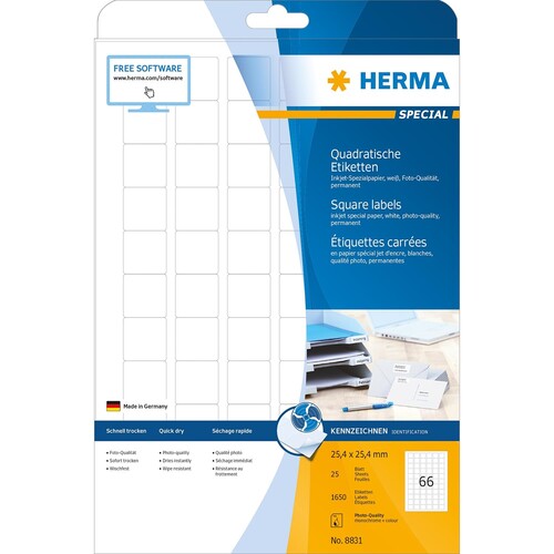 Etiketten Inkjet 25,4x25,4mm auf A4 Bögen weiß permanent Herma 8831 (PACK=1650 STÜCK) Produktbild Additional View 1 L