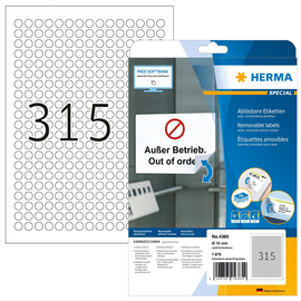 Etiketten Inkjet+Laser+Kopier Ø 10mm auf A4 Bögen Movables weiß wiederablösbar Herma 4385 (PACK=7875 STÜCK) Produktbild