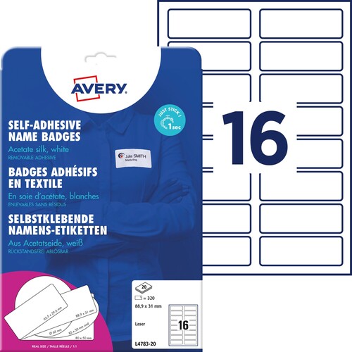 Namens-Etiketten Laser+Kopier 88,9x31mm auf A4 Bögen weiß Acetatseide Zweckform L4783-20 (PACK=320 STÜCK) Produktbild