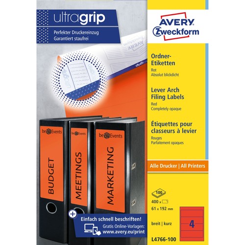 Rückenschilder zum Bedrucken 61x192mm kurz breit auf A4 Bögen rot selbstklebend Zweckform L4766-100 (PACK=400 STÜCK) Produktbild Additional View 1 L