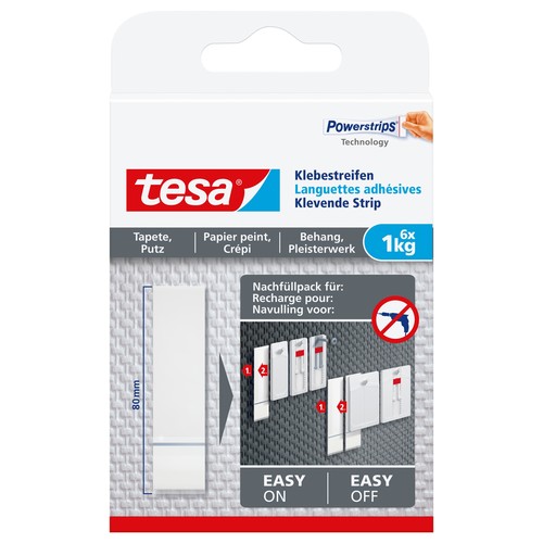 Powerstrips Klebestreifen Tapete & Putz bis 1kg Haftkraft weiß Tesa 77771-00000-00 (PACK=6 STÜCK) Produktbild Front View L