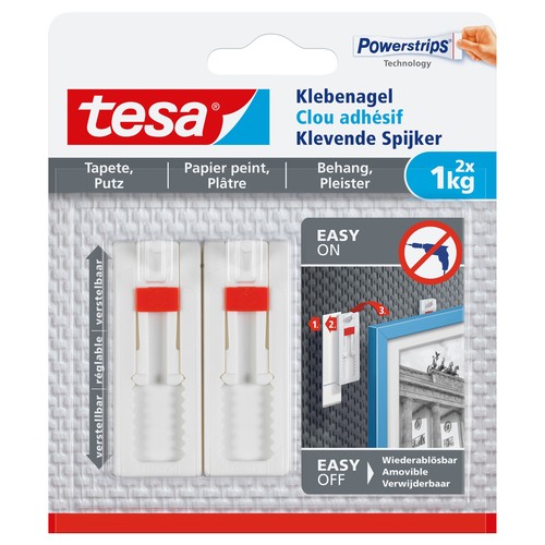 Powerstrips Klebenagel verstellbar Tapete & Putz bis 1kg Haftkraft weiß Tesa 77774-00000-00 (PACK=2 STÜCK) Produktbild Front View L