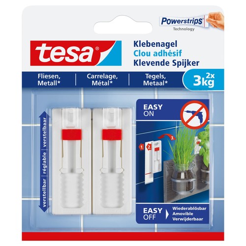 Powerstrips Klebenagel verstellbar Fliesen bis 3kg Haftkraft weiß Tesa 77764-00000-00 (PACK=2 STÜCK) Produktbild Front View L