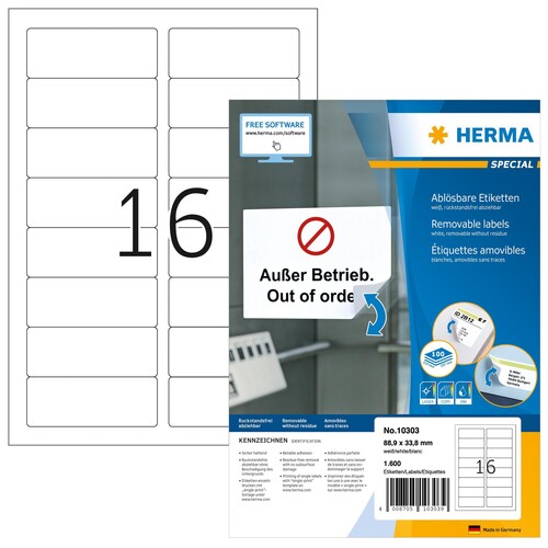 Etiketten Inkjet+Laser+Kopier 88,9x33,8mm auf A4 Bögen Movables weiß wiederablösbar Herma 10303 (PACK=1600 STÜCK) Produktbild