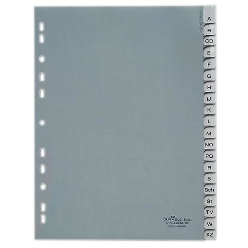 Register A-Z mit Taben A4 230x297mm 20-teilig grau Plastik Durable 6401-10 Produktbild Front View L