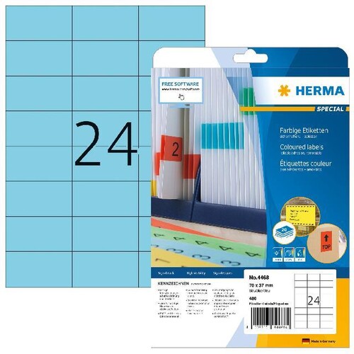 Etiketten Inkjet+Laser+Kopier 70x37mm auf A4 Bögen blau matt ablösbar Herma 4468 (PACK=480 STÜCK) Produktbild