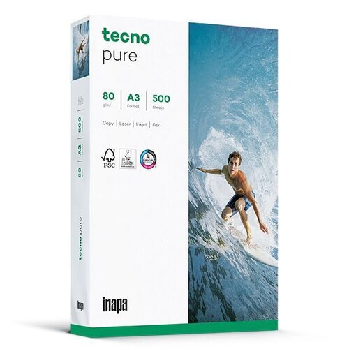 Kopierpapier tecno Pure A3 80g weiß Recycling PCF FSC EU-Ecolabel 150CIE (PACK=500 BLATT) Produktbild Front View L