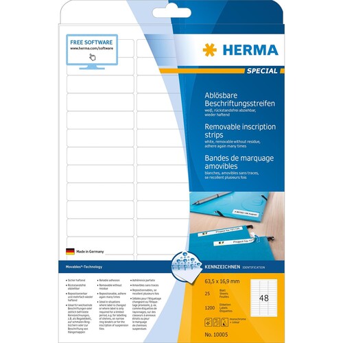 Etiketten Inkjet+Laser+Kopier 63,5x16,9mm auf A4 Bögen Movables weiß wiederablösbar Herma 10005 (PACK=1200 STÜCK) Produktbild Additional View 1 L
