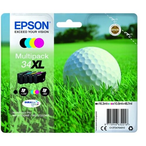 Tintenpatrone 34XL für WorkForce Pro WF-3700 Multipack 4-farbig 16,3ml + 3x10,8ml Epson T347640 (ST=4 STÜCK) Produktbild Front View L