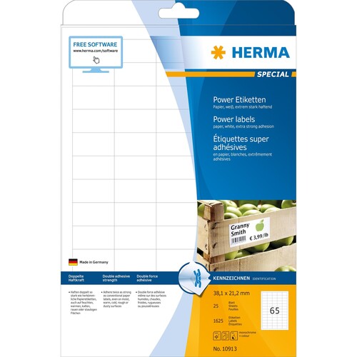Etiketten Inkjet+Laser+Kopier 38,1x21,2mm auf A4 Bögen weiß extrem stark haftend Herma 10913 (PACK=1625 STÜCK) Produktbild Additional View 1 L