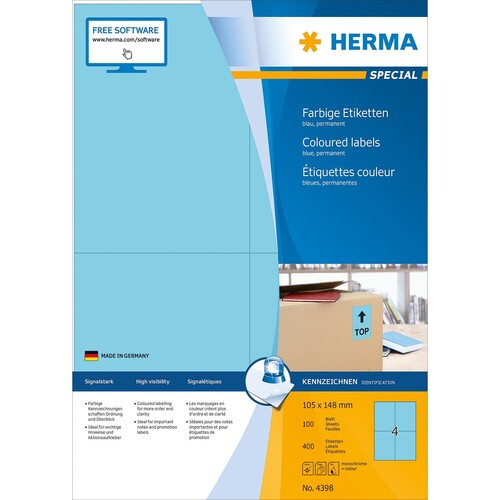 Etiketten Inkjet+Laser+Kopier 105x148mm auf A4 Bögen blau Herma 4398 (PACK=400 STÜCK) Produktbild Additional View 1 L