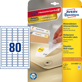 Etiketten Inkjet+Laser+Kopier 35,6x16,9mm auf A4 Bögen weiß wiederablösbar Zweckform L4732REV-10 (PACK=800 STÜCK) Produktbild