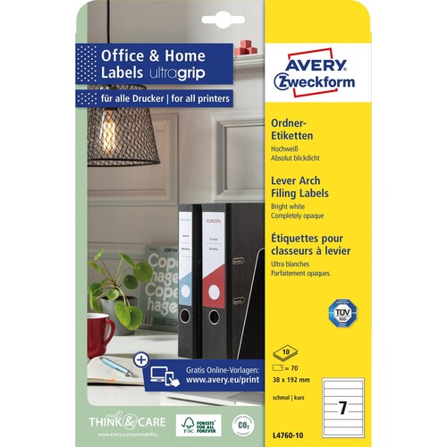 Rückenschilder zum Bedrucken 38x192mm lang schmal auf A4 Bögen weiß selbstklebend Zweckform L4760-10 (PACK=70 STÜCK) Produktbild Additional View 1 L