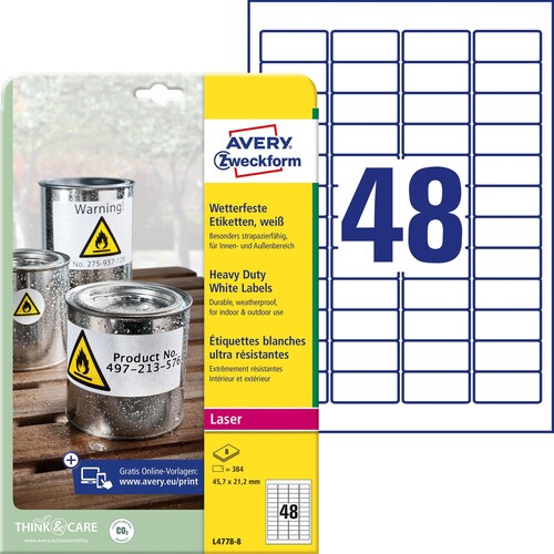 Folien-Etiketten Laser 45,7x21,2mm auf A4 Bg wetterfest+strapazierfähig+ permanent matt weiß Zweckform L4778-8 (PACK=384 STÜCK) Produktbild