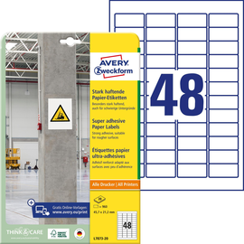 Etiketten Inkjet+Laser+Kopier 45,7x21,2mm auf A4 Bögen weiß Papier stark haftend Zweckform L7873-20 (PACK=960 STÜCK) Produktbild