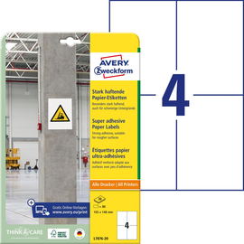 Etiketten Inkjet+Laser+Kopier 105x148mm auf A4 Bögen weiß Papier stark haftend Zweckform L7876-20 (PACK=80 STÜCK) Produktbild